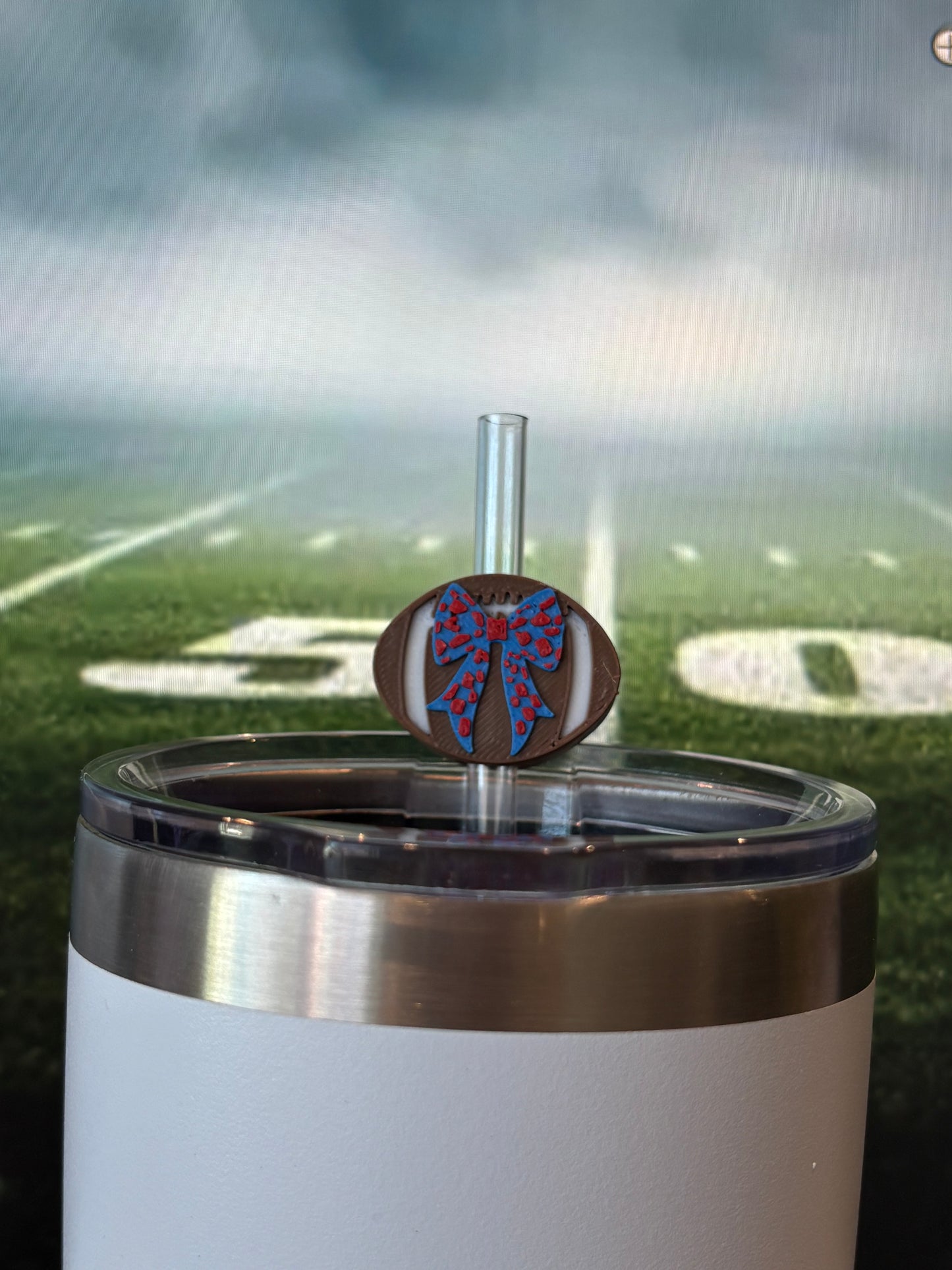 Football checkered bow blue & red topper